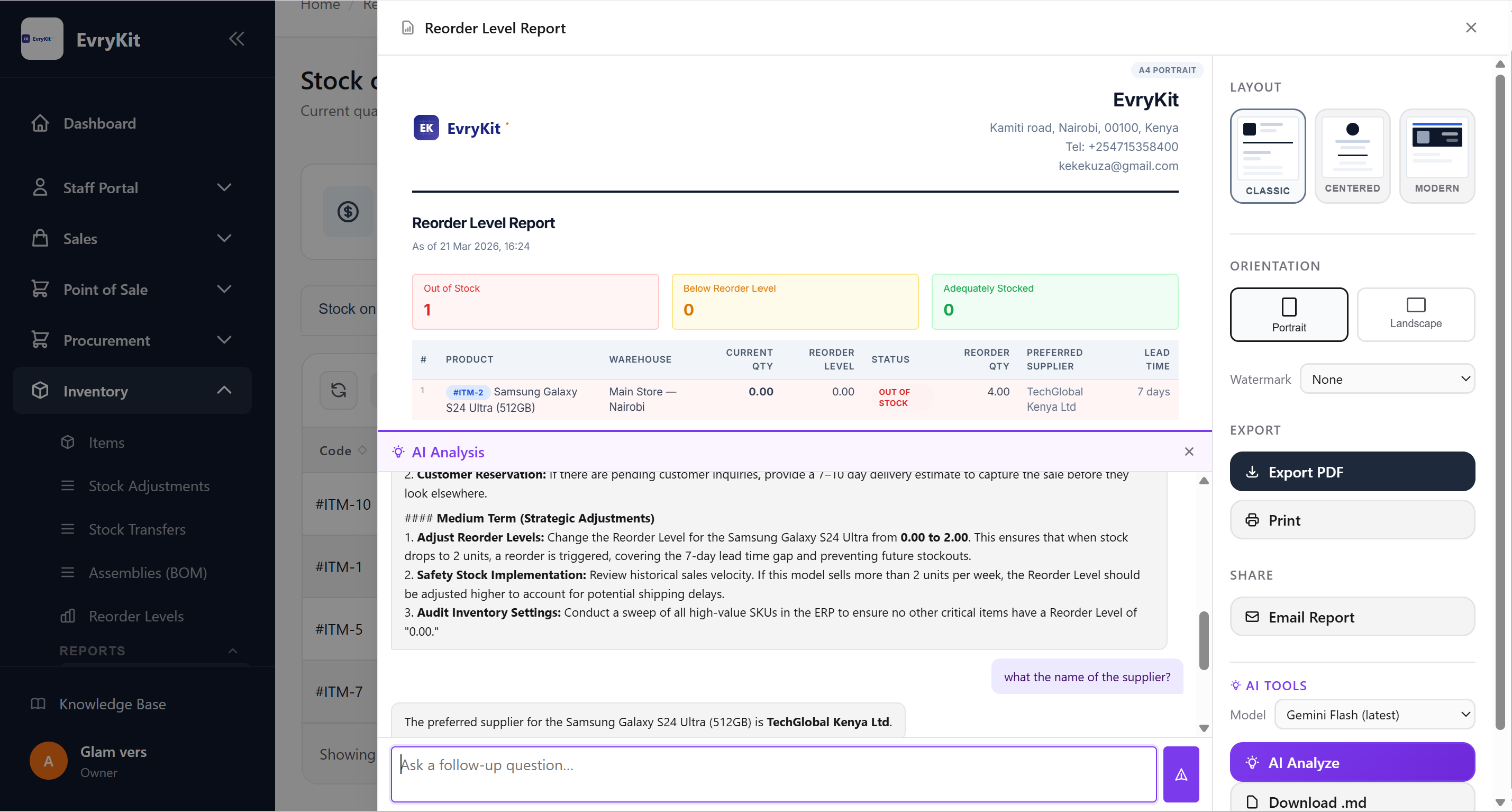 AI Report Analysis panel open inside an Evrykit report, showing a conversation with the AI analyst