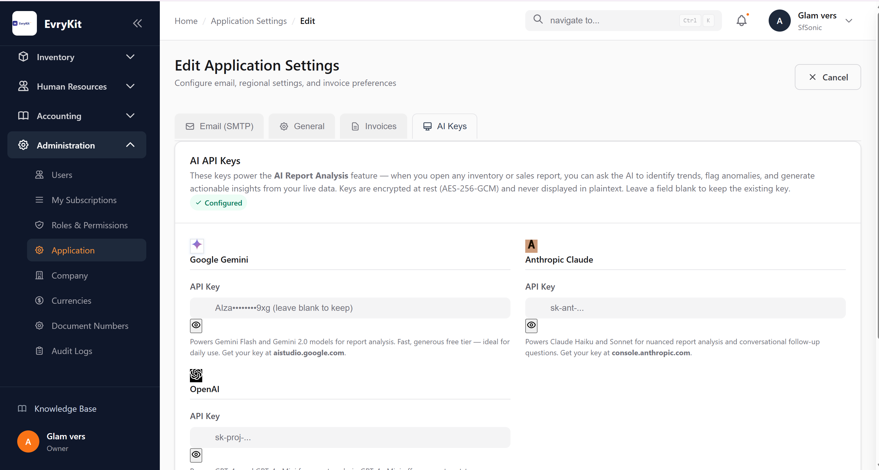 AI API Keys settings panel showing Google Gemini, Anthropic Claude, and OpenAI key fields with a Default Model selector